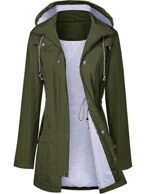 〽️Army Green Women's Hooded Rain Jacket Waterproof Long Travel Coat